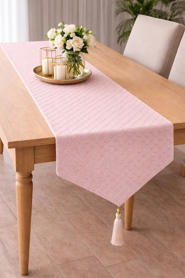Net_Table_Runner_1_Pc_(72_x_13_Inch)_|_Premium_Mesh_Fabric_with_Back_Lining_|_Blush_Pink_Geometric_Diamond_Design_Table_Runner_for_4_&_6_Seater_Dining_Table
