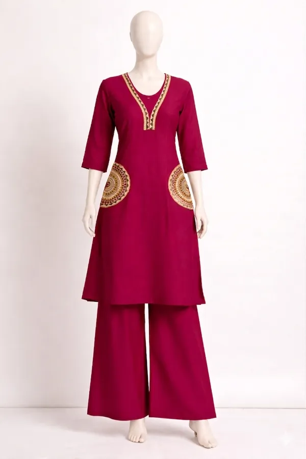 Magenta_Cotton_Kurti_with_Palazzo_Pants_Set_for_Women_|_Ethnic_Printed_Pocket_Design_|_2-Piece_Co-Ord_Set