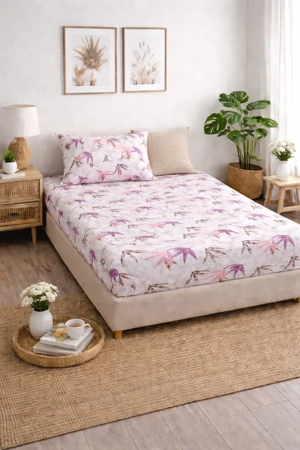 100%_Cotton_Printed_Bedsheet_(5x7_Ft.)_with_1_Pillow_Cover_|_Soft_&_Breathable_Single_Size_Bed_Sheet_|_For_single_bed_and_Dewan_I_Pink_&_Brown_Leaf_Design_on_Light_Grey_Base