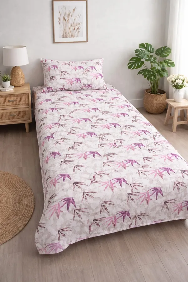100%_Cotton_Printed_Bedsheet_(5x7_Ft.)_with_1_Pillow_Cover_|_Soft_&_Breathable_Single_Size_Bed_Sheet_|_For_single_bed_and_Dewan_I_Pink_&_Brown_Leaf_Design_on_Light_Grey_Base