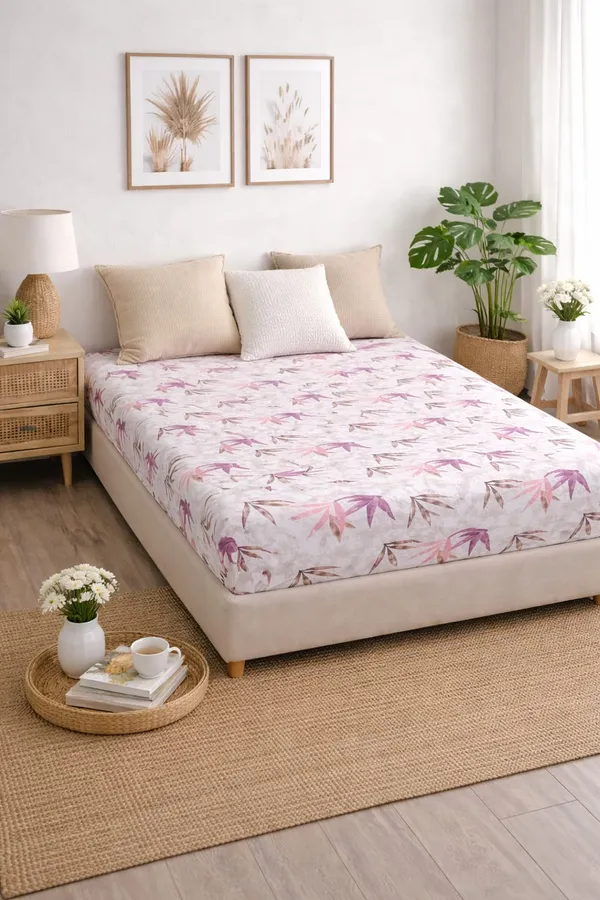100%_Cotton_Printed_Bedsheet_(5x7_Ft.)_with_1_Pillow_Cover_|_Soft_&_Breathable_Single_Size_Bed_Sheet_|_For_single_bed_and_Dewan_I_Pink_&_Brown_Leaf_Design_on_Light_Grey_Base