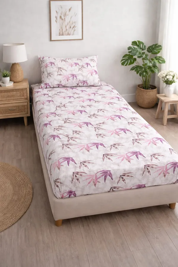 100%_Cotton_Printed_Bedsheet_(5x7_Ft.)_with_1_Pillow_Cover_|_Soft_&_Breathable_Single_Size_Bed_Sheet_|_For_single_bed_and_Dewan_I_Pink_&_Brown_Leaf_Design_on_Light_Grey_Base