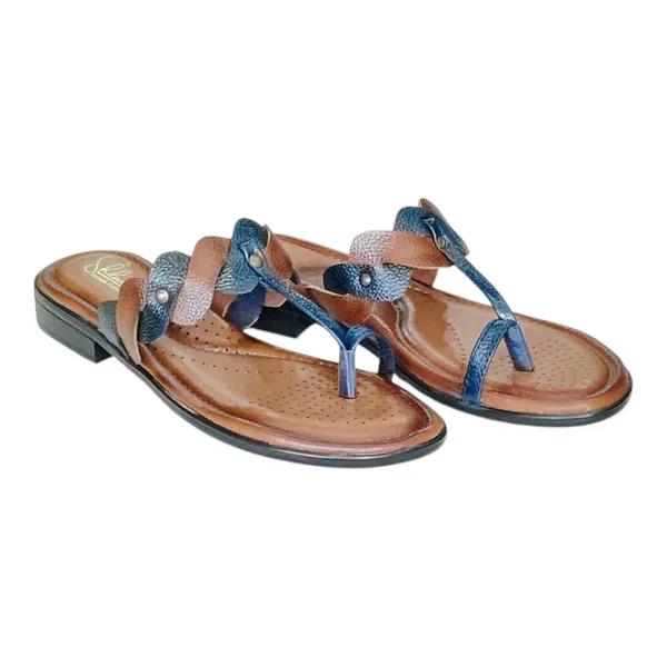 Blue_&_Tan_Pure_Leather_Elegant_Flat_Chappals_For_Women