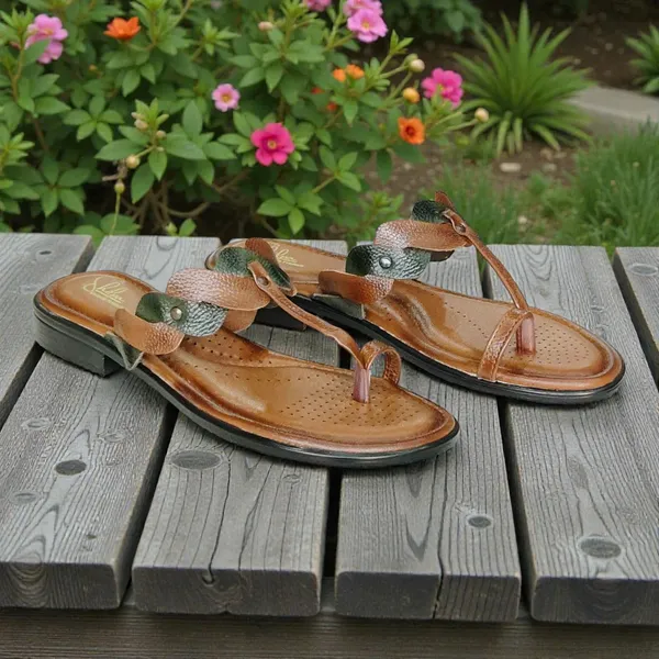 Green_&_Tan_Pure_Leather__Elegant_Flat_Chappals_For_Women