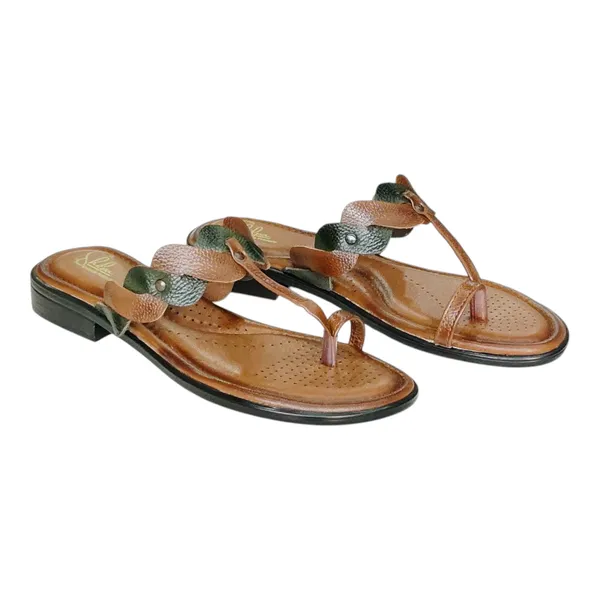 Green_&_Tan_Pure_Leather__Elegant_Flat_Chappals_For_Women