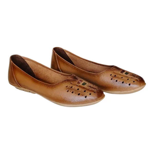 Tan_Pure_Leather_Lightweight_Casual_Flat_Heel_Belly_Shoes_For_Women