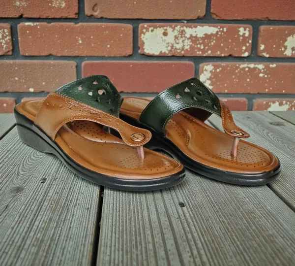 Tan_&_Green_Pure_Leather_Heel_Platform_Sandals_For_Women