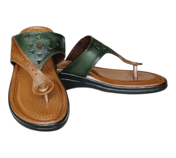 Tan_&_Green_Pure_Leather_Heel_Platform_Sandals_For_Women