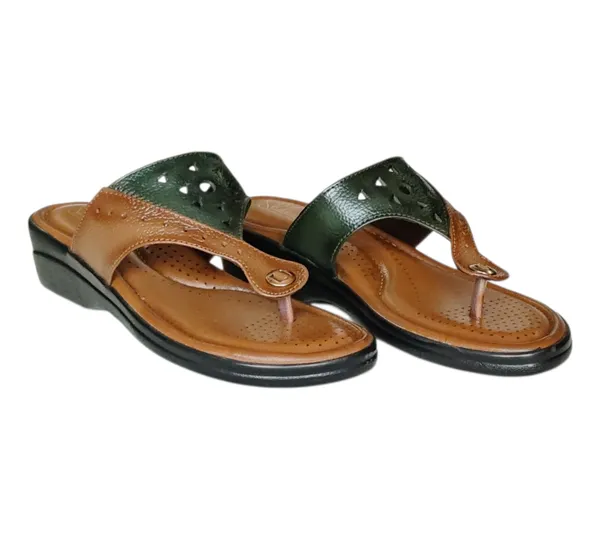 Tan_&_Green_Pure_Leather_Heel_Platform_Sandals_For_Women