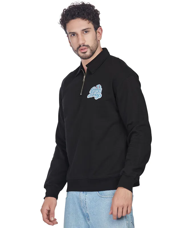 Black_100%_Cotton_Half-Zip_Relaxed_Fit_Collared_Back_Printed_Sweatshirt_For_Men