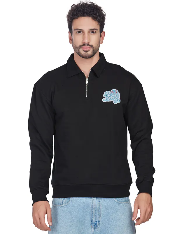 Black_100%_Cotton_Half-Zip_Relaxed_Fit_Collared_Back_Printed_Sweatshirt_For_Men