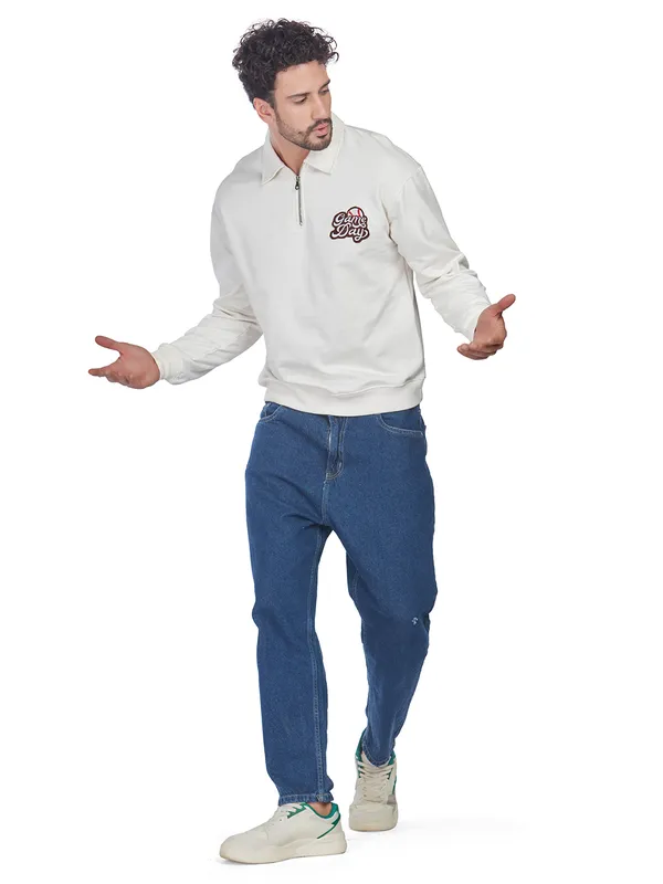 White_100%_Cotton_Half-Zip_Relaxed_Fit_Collared_Back_Printed_Sweatshirt_For_Men
