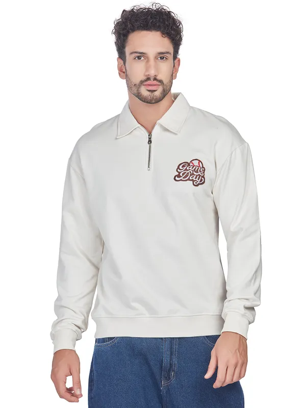 White_100%_Cotton_Half-Zip_Relaxed_Fit_Collared_Back_Printed_Sweatshirt_For_Men