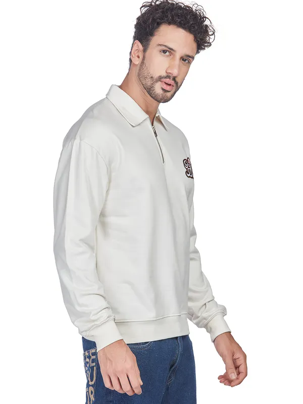 White_100%_Cotton_Half-Zip_Relaxed_Fit_Collared_Back_Printed_Sweatshirt_For_Men