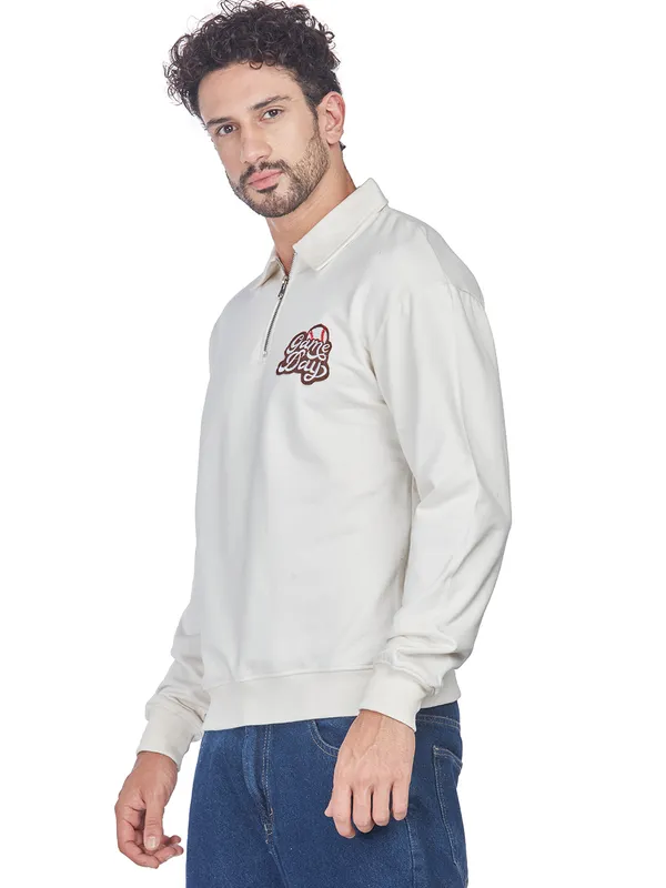 White_100%_Cotton_Half-Zip_Relaxed_Fit_Collared_Back_Printed_Sweatshirt_For_Men
