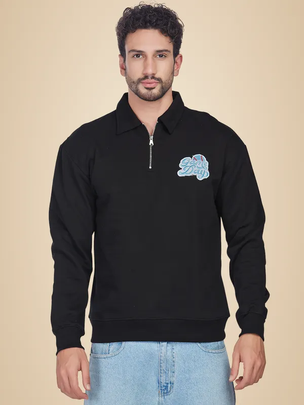 Black_100%_Cotton_Half-Zip_Relaxed_Fit_Collared_Back_Printed_Sweatshirt_For_Men