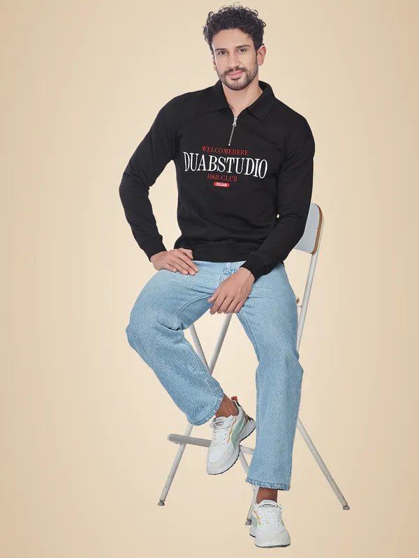 Black_100%_Cotton_Half-Zip_Relaxed_Fit_Polo_Neck_Sweatshirt_For_Men