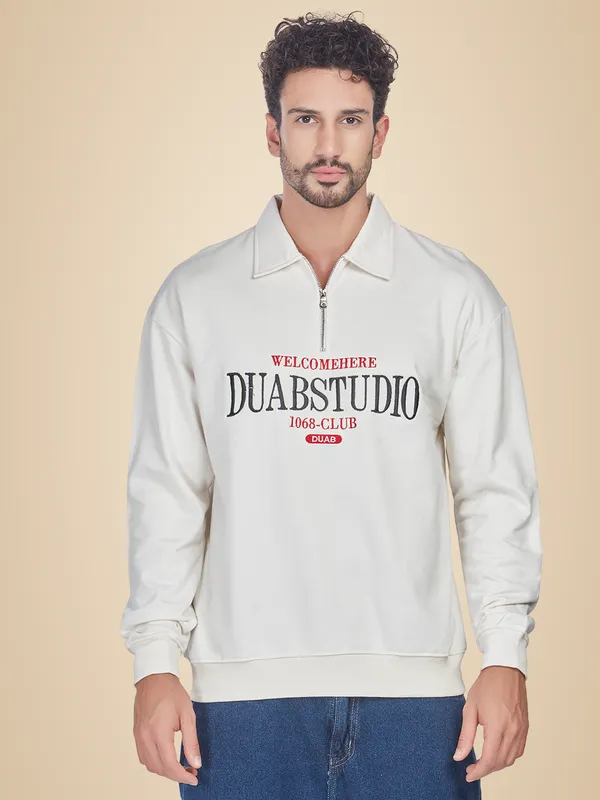 White_100%_Cotton_Half-Zip_Relaxed_Fit_Polo_Neck_Sweatshirt_For_Men