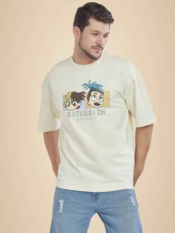 White_100%_Cotton_Drop_Shoulder_Anime_Printed_Tee_For_Men