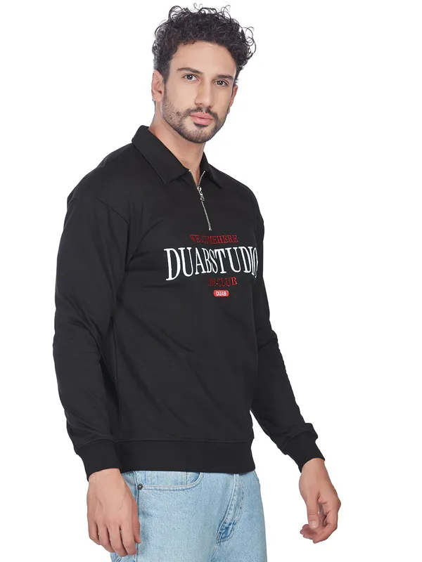 Black_100%_Cotton_Half-Zip_Relaxed_Fit_Polo_Neck_Sweatshirt_For_Men