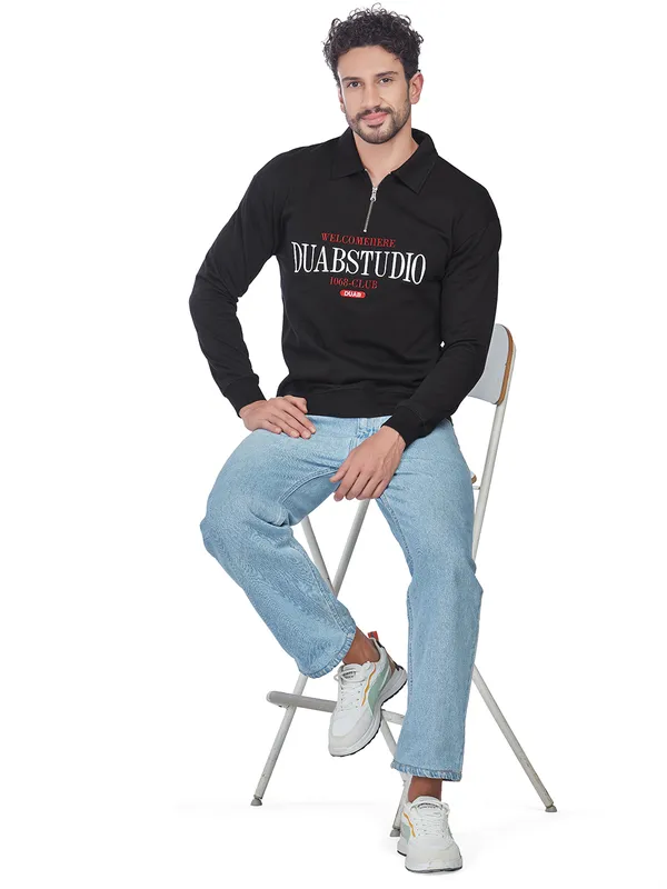Black_100%_Cotton_Half-Zip_Relaxed_Fit_Polo_Neck_Sweatshirt_For_Men