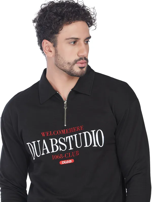 Black_100%_Cotton_Half-Zip_Relaxed_Fit_Polo_Neck_Sweatshirt_For_Men