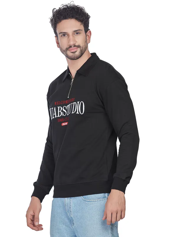 Black_100%_Cotton_Half-Zip_Relaxed_Fit_Polo_Neck_Sweatshirt_For_Men