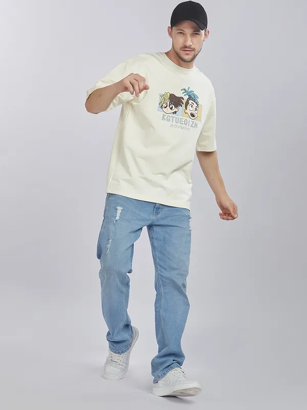 White_100%_Cotton_Drop_Shoulder_Anime_Printed_Tee_For_Men