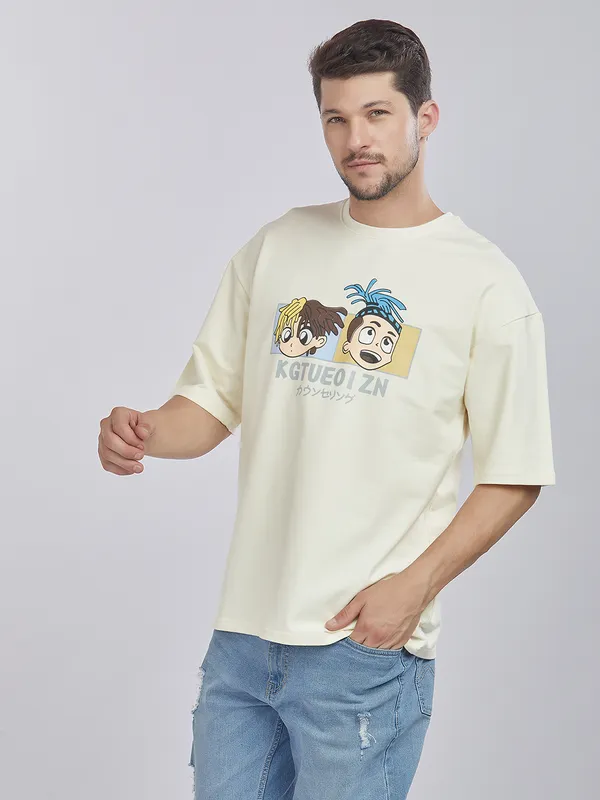 White_100%_Cotton_Drop_Shoulder_Anime_Printed_Tee_For_Men