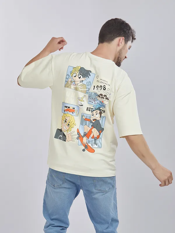 White_100%_Cotton_Drop_Shoulder_Anime_Printed_Tee_For_Men