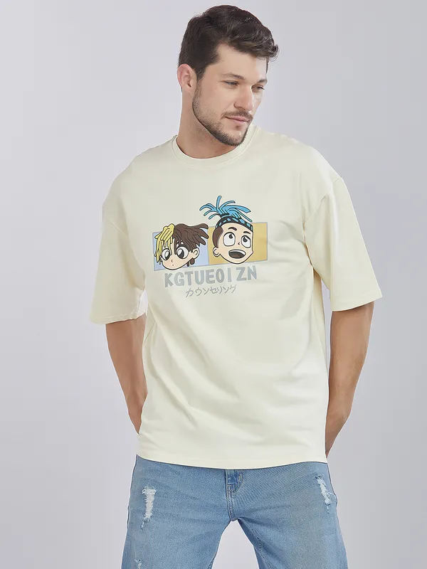 White_100%_Cotton_Drop_Shoulder_Anime_Printed_Tee_For_Men