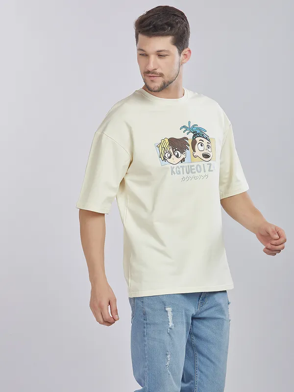 White_100%_Cotton_Drop_Shoulder_Anime_Printed_Tee_For_Men