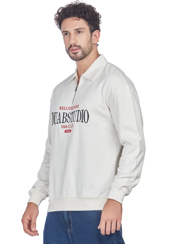 White_100%_Cotton_Half-Zip_Relaxed_Fit_Polo_Neck_Sweatshirt_For_Men