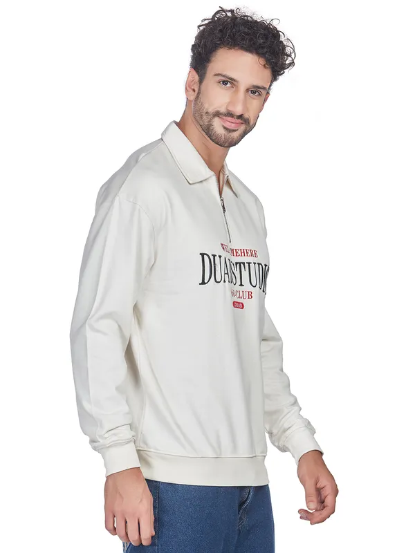White_100%_Cotton_Half-Zip_Relaxed_Fit_Polo_Neck_Sweatshirt_For_Men