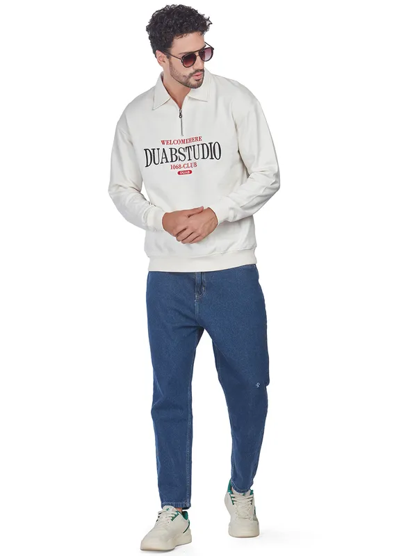 White_100%_Cotton_Half-Zip_Relaxed_Fit_Polo_Neck_Sweatshirt_For_Men