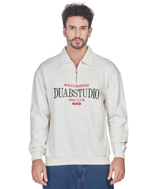 White_100%_Cotton_Half-Zip_Relaxed_Fit_Polo_Neck_Sweatshirt_For_Men