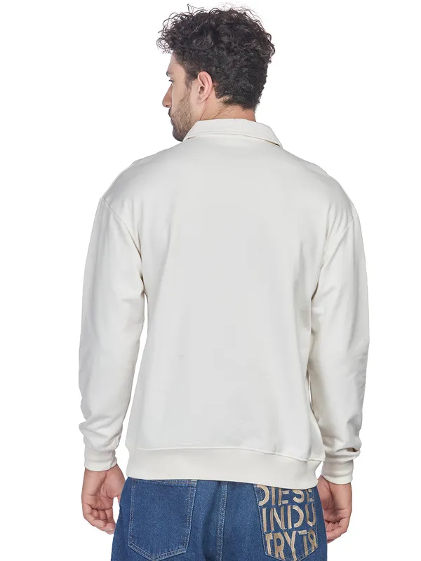 White_100%_Cotton_Half-Zip_Relaxed_Fit_Polo_Neck_Sweatshirt_For_Men