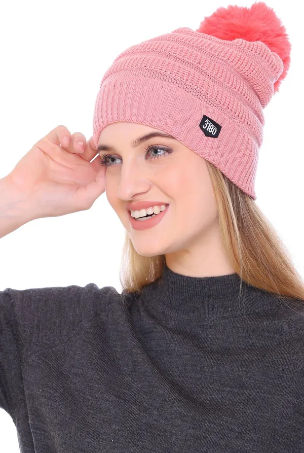 Pink_Self_Design_Beanie_Cap_For_Women