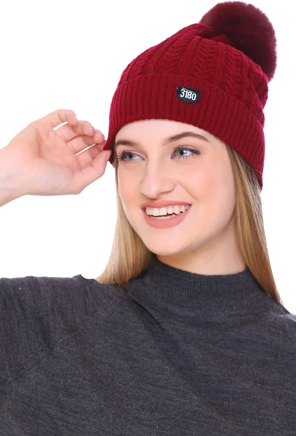 Maroon_Self_Design_Beanie_Cap_For_Women