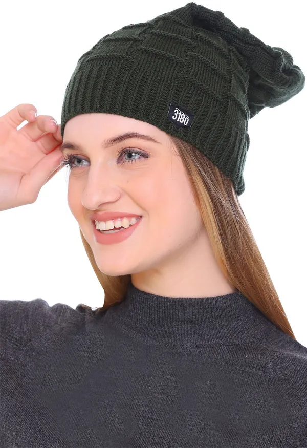 Dark_Green_Self_Design_Beanie_Cap_For_Women