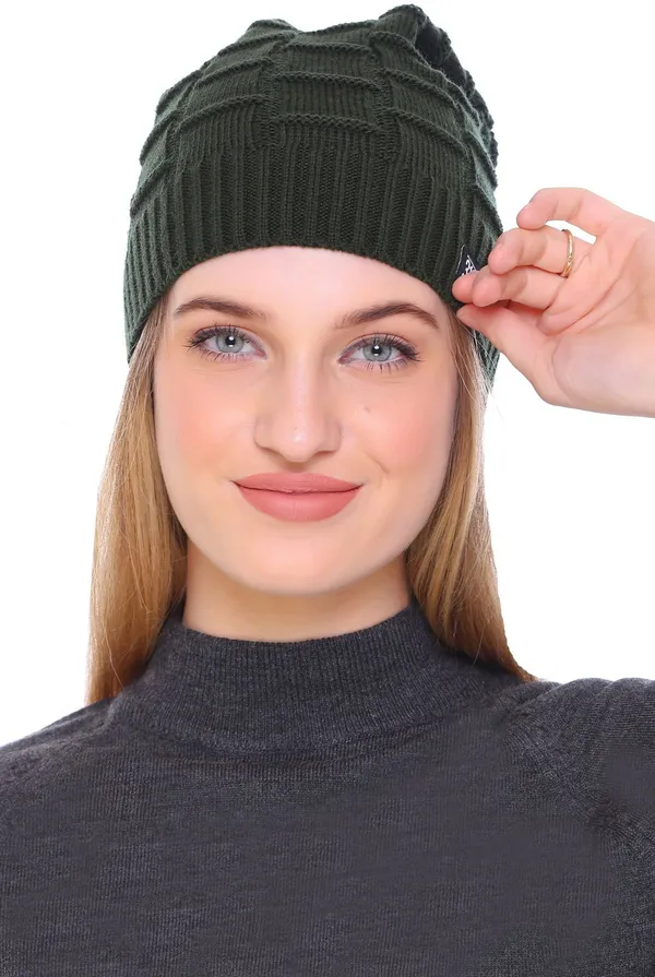 Dark_Green_Self_Design_Beanie_Cap_For_Women
