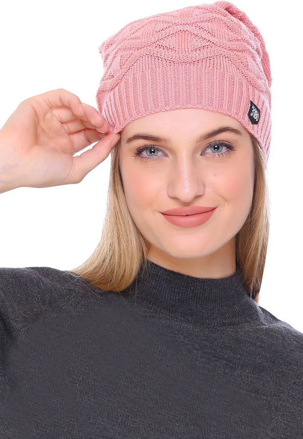 Pink_Self_Design_Beanie_Cap_For_Women