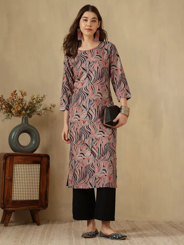 AMOUS-Elegant_Abstract_Wave_Printed_Straight_Kurti_with_3/4_Sleeves