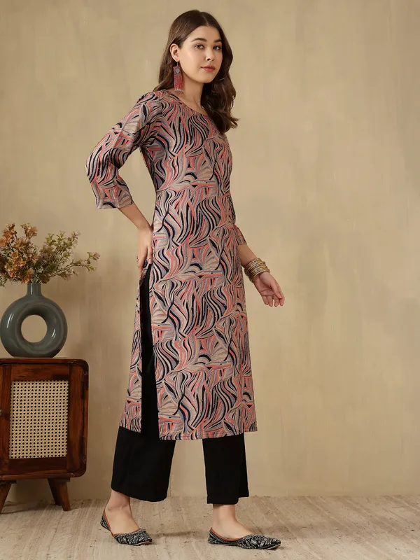 AMOUS-Elegant_Abstract_Wave_Printed_Straight_Kurti_with_3/4_Sleeves