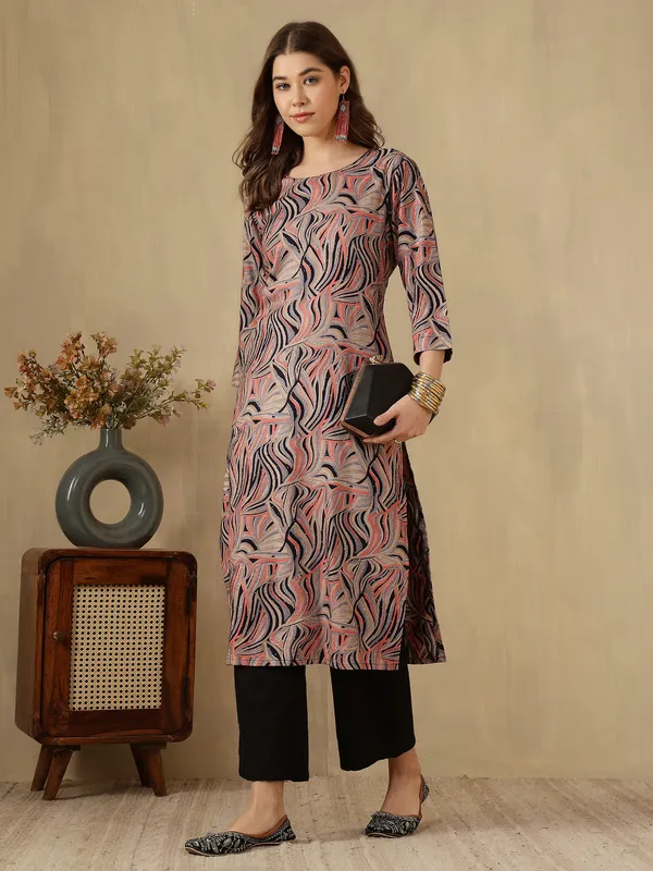 AMOUS-Elegant_Abstract_Wave_Printed_Straight_Kurti_with_3/4_Sleeves