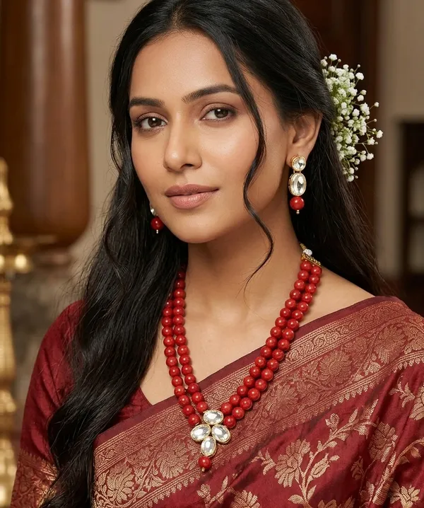 Viva_Jewels_Regal_Crimson_Two-Layer_Pearl_Necklace_Set_–_Sophisticated_Gold-Plated_Red_Bead_Mala_with_Crystal_Floral_Pendant_and_Matching_Drop_Earrings