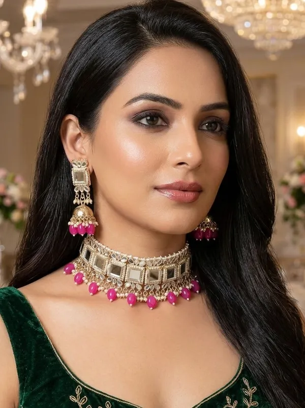 Viva_Jewels_Hot_Pink_Premium_Mirror-Work_Choker_Set_–_Gold-Plated_Necklace_with_Matching_Jhumkas_and_Vibrant_Magenta_Bead_Accents