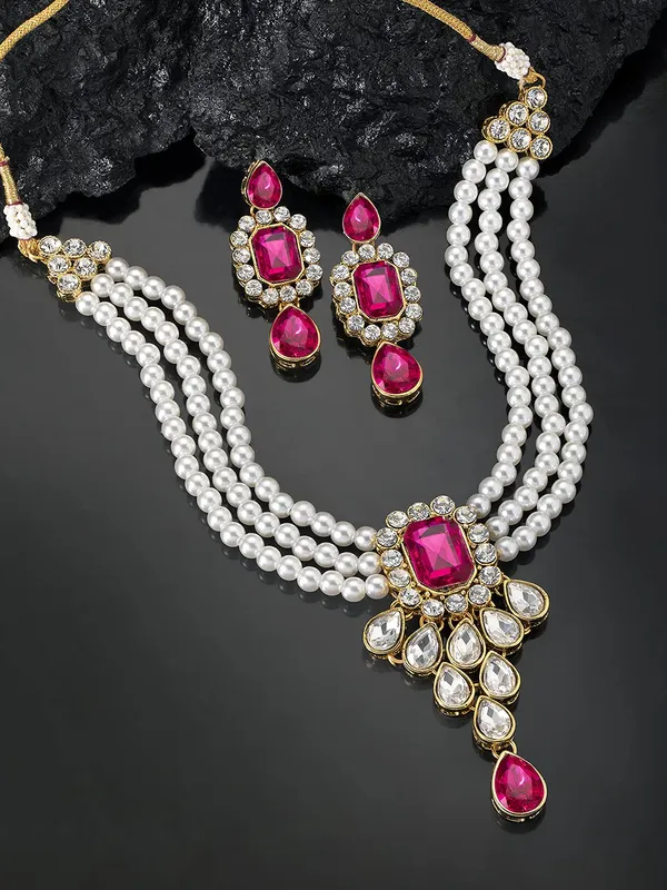 Viva_Jewels_Regal_Hot_Pink_&_White_Brass_Premium_Necklace_Set_–_Majestic_Triple-Strand_Pearl_Necklace_with_Magenta_Floral_Pendant_and_Matching_Statement_Earrings