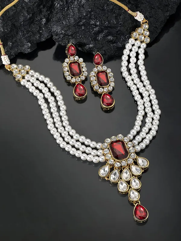 Viva_Jewels_Regal_Three-Layer_Pearl_&_Ruby_Statement_Set_–_Handcrafted_Gold-Plated_Rani_Haar_with_Maroon_Stone_Pendant_and_Matching_Drop_Earrings