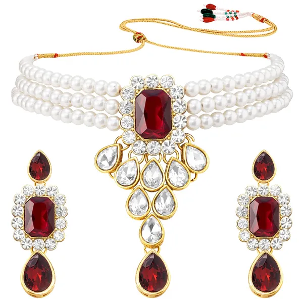 Viva_Jewels_Regal_Three-Layer_Pearl_&_Ruby_Statement_Set_–_Handcrafted_Gold-Plated_Rani_Haar_with_Maroon_Stone_Pendant_and_Matching_Drop_Earrings